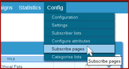 phpList main menu config > Subscribe pages