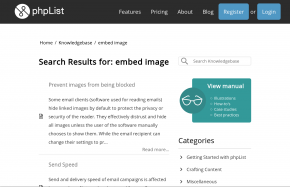 Screenshot of phpList Knowledgebase article search with article metadata hidden
