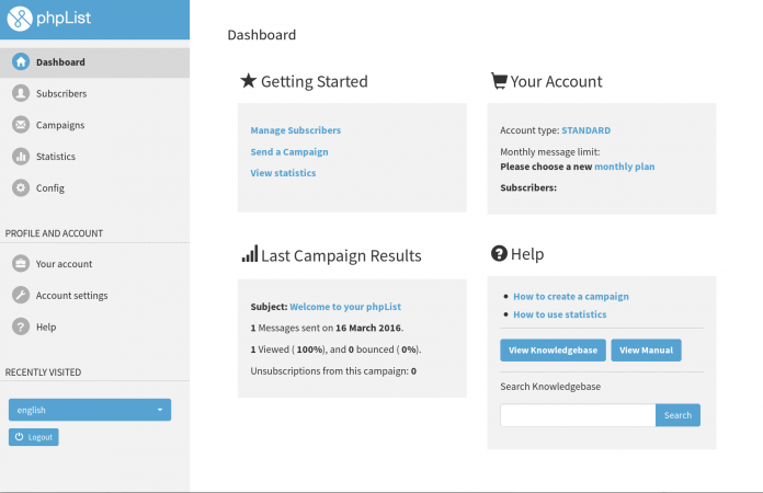 Screenshot of phpList Hosted account dashboard with Knowledgebase search integrated