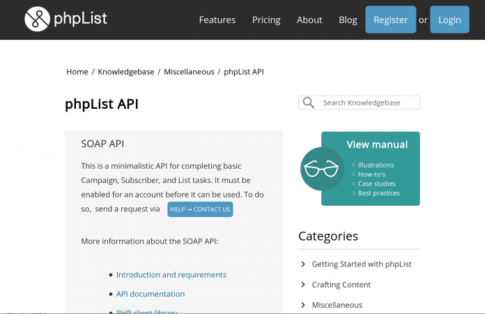 Screenshot of the phpList Knowledgebase with a custom style applied to action paths in the article