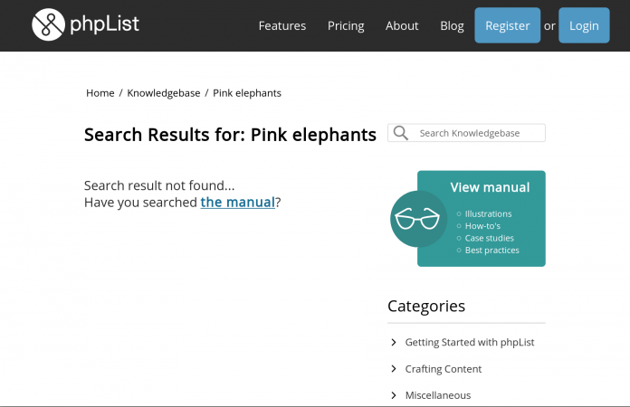 Screenshot of phpList Knowlegebase linking to the phpList Manual