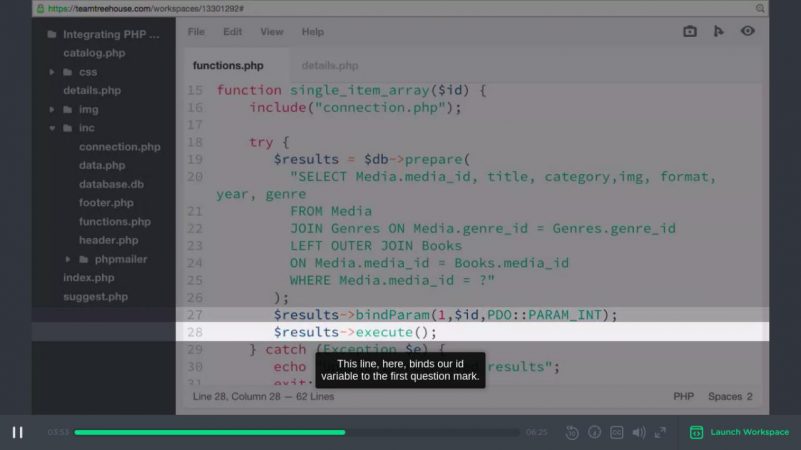 PHP coding demonstration in a Treehouse video lecture